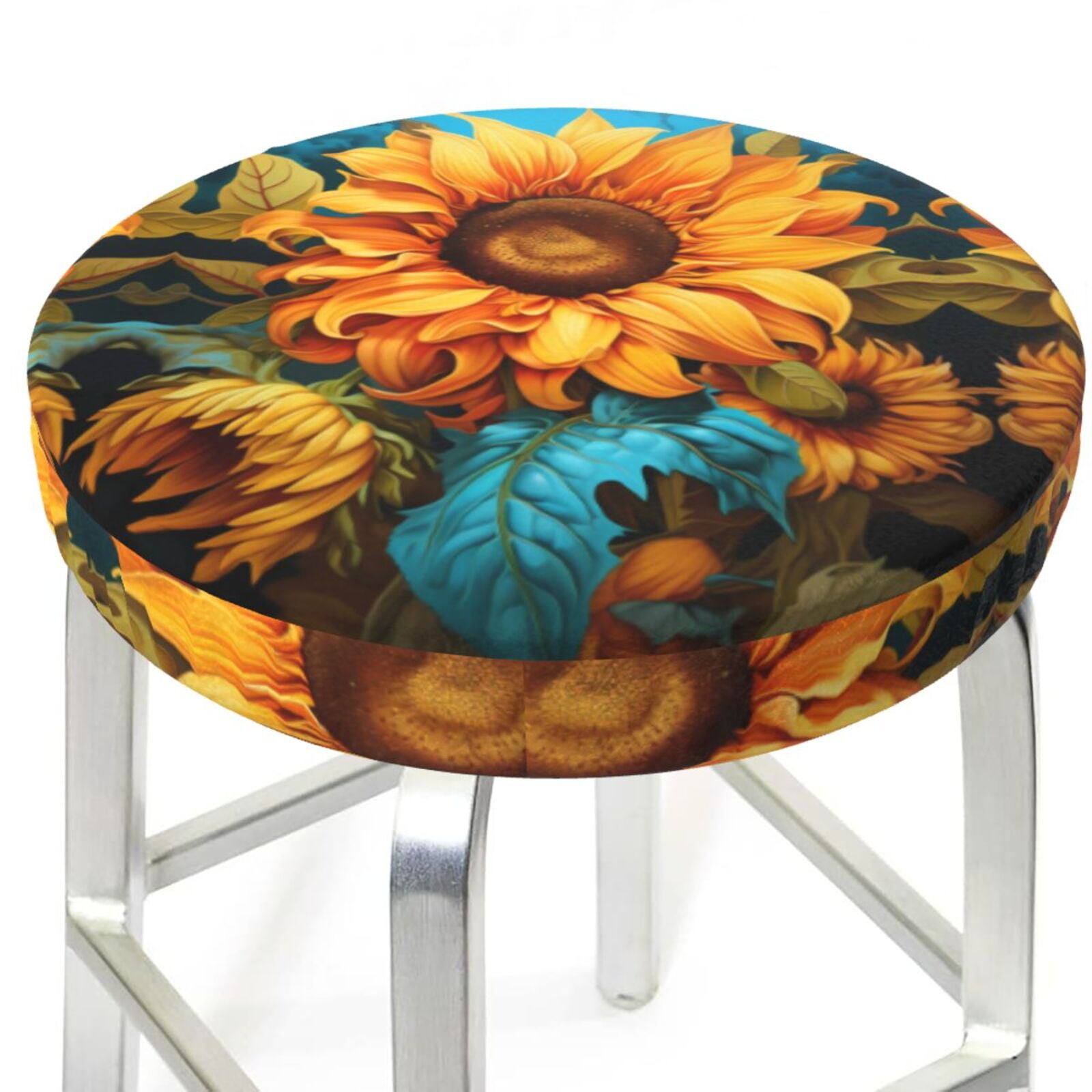 Deep Yellow Colorful Sunflower Round Bar Stool Seat Covers, Elastic