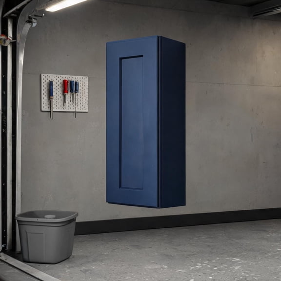 Deep blue solid wood shaker wall cabinet for organized bathroom and utility storage