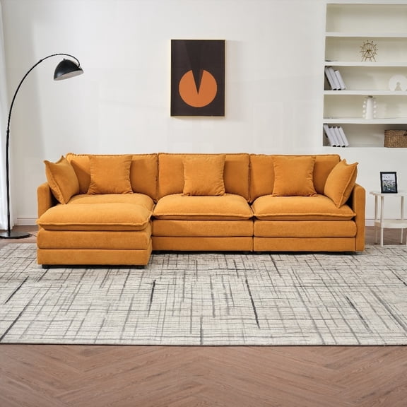 Deep seat chenille sofa having a sturdy frame & flexible combination option, great for living rooms (orange, 110-inch L-shaped)