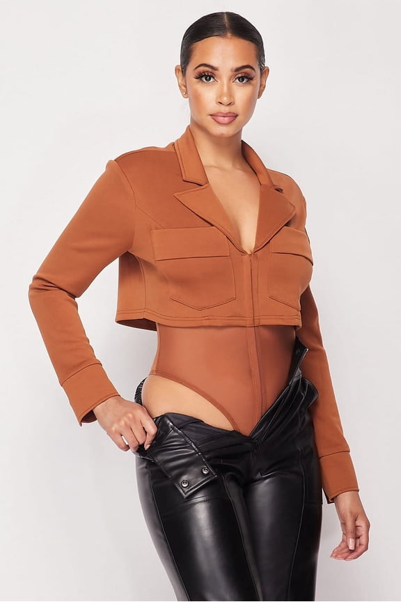 Deep-v Cropped Power Shoulder Blazer Bodysuit