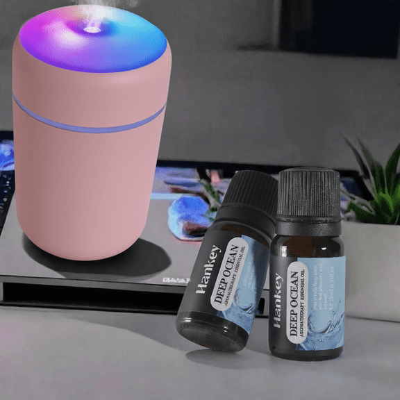 DeepRest Car Humidifier + Deep Sea Essential Oil (2X Pack) Deep Sea & Sandalwood Mini Car Humidifier for Fresh Air | 3-In-1 Aroma Diffuser & Night Light for Car and Home Use