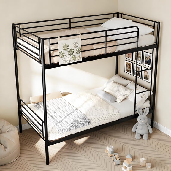 DeepRoar Bunk Bed Twin Over Twin, Heavy Duty Metal Bunk Bed Frame with Ladder and Guardrail, Convertible 2 Beds, Bunk Bed for Adults and Teens, Space-saving Bunk Bed for Bedroom, Dorm, Easy Assembly