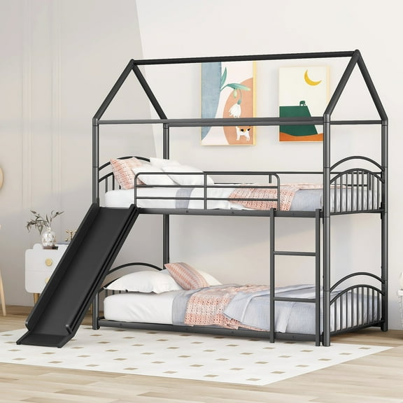 DeepRoar Bunk Bed Twin over Twin, Heavy Duty Metal House Bunk Bed with Convertible Slide, Montessori Floor Bunk Bed for Teens Adults, Space-Saving Bunk Beds for Bedroom Dorm, No Box Spring Needed