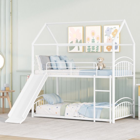 DeepRoar Bunk Bed Twin over Twin, Heavy Duty Metal House Bunk Bed with Convertible Slide, Montessori Floor Bunk Bed for Teens Adults, Space-Saving Bunk Beds for Bedroom Dorm, No Box Spring Needed