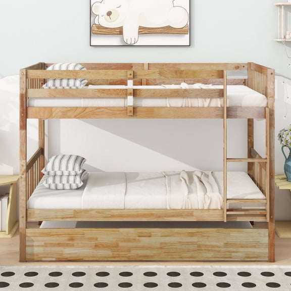 DeepRoar Bunk Bed Twin Over Twin with Trundle, Convertible into 2 Beds, Wood Bunk Bed Frame with Ladder and Safety Guardrails, Bunk Bed for Teens, Adults, No Box Spring Needed, Natural