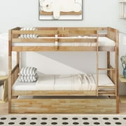 DeepRoar Bunk Bed Twin Over Twin with Trundle, Convertible into 2 Beds, Wood Bunk Bed Frame with Ladder and Safety Guardrails, Bunk Bed for Teens, Adults, No Box Spring Needed, Natural