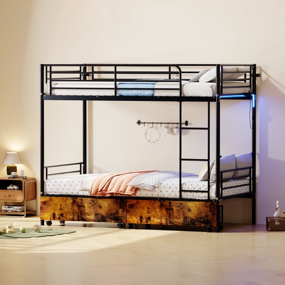 DeepRoar Bunk Bed with USB Charging Station, Able to Split, Metal Bunk Bed, Storage Space, Bed with Safety Guardrail & Ladders, No Box Spring Needed, Black