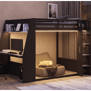 DeepRoar Full Size Gaming Loft Bed with Desk, Wood Loft Bed Frame with Storage Shelves, USB, LED Light and Ladder, Loft Bed for Teens Adults, Space Saving Loft Bed for Bedroom, Easy Assembly