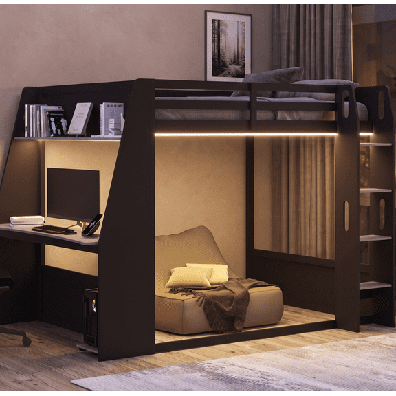DeepRoar Full Size Gaming Loft Bed with Desk, Wood Loft Bed Frame with Storage Shelves, USB, LED Light and Ladder, Loft Bed for Teens Adults, Space Saving Loft Bed for Bedroom, Easy Assembly