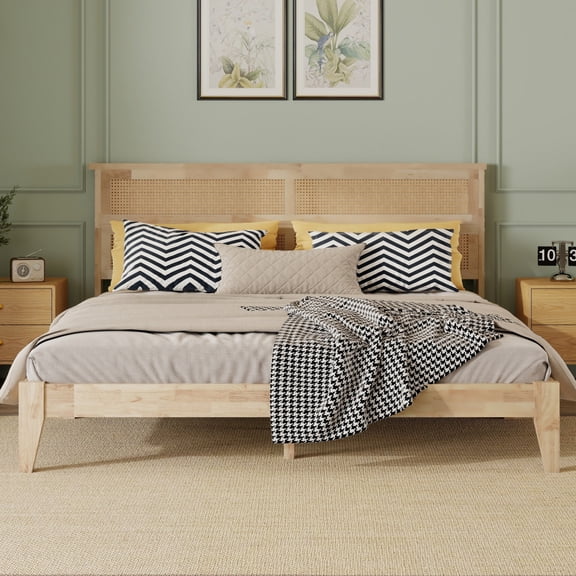 DeepRoar King Size Bed Frame with Rattan Headboard, Wood Platform Bed with Storage Space Under Bed, King Bed Frame for Bedroom, Living Room, No Box Spring Needed, Easy Assembly, Noise Free. Natural