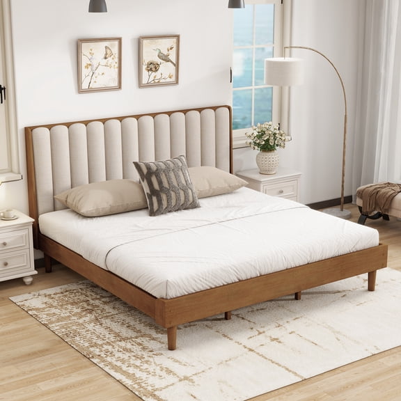 DeepRoar King Size Upholstered Bed, Wood Platform Bed Frame with 47.2" Tall Headboard, Mid-Century Style Bed for Bedroom, Living Room, Guest Room, No Box Spring Needed, Easy Assembly, Wheat