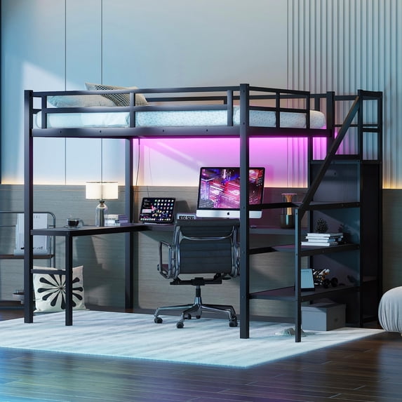 DeepRoar Loft Bed, Full Size Metal Loft Bed with Desk, LED Light and ...
