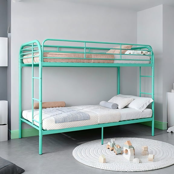 DeepRoar Metal Bunk Bed Twin Over Twin, Heavy Duty Bunk Beds with 2 Ladders and Full-Length Guardrai, No Box Spring Needed, Easy Assemble, Green