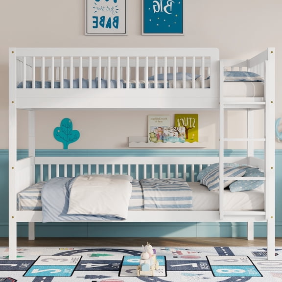 DeepRoar Twin Over Twin Pine Wood Bunk Bed, Convertible 2 Independent Twin Beds, Bunk Bed with Ladder & Safety Guardrails, No Box Spring Needed, Easy Assembly for Kids Bedroom, White
