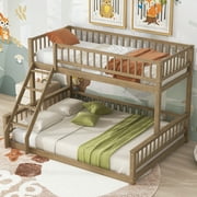 DeepRoar Wood Bunk Bed, Twin XL over Queen Bunk Bed with Ladder and Guardrails, Convertible to 2 Separated Beds, Floor Bunk Bed for Adults Teens, Space Saving Bunk Bed for Dedroom, Dorm, Walnut