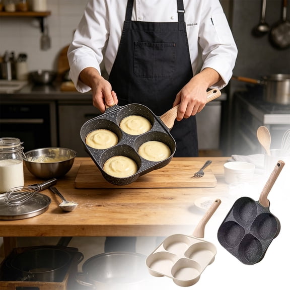 Deepened Maifanite Four Hole Non Stick Frying Pan, Household Multi-purpose Breakfast Skillet for Egg Burger Steak Daily Home Kitchen Cooking Use, White