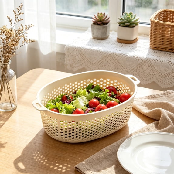Deepened Thick Oval Plastic Strainer Basket Dual Ear Handles Single Layer Kitchen Drain Bowl for Fruit Vegetable Prep & Draining
