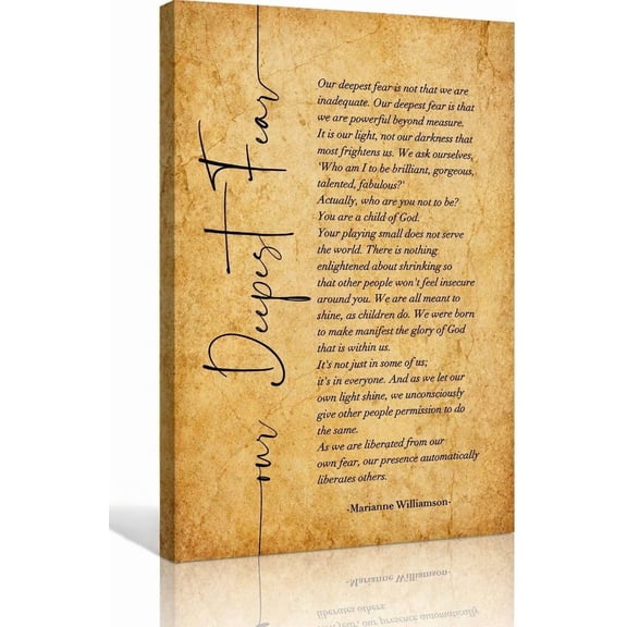 Our Deepest Fear Poem Marianne Williamson Quote Wall Art Poetry Poster Vintage Inspirational Wall Decorations for Home Rectangular Canvas Artwork for Bedroom Modern Poster