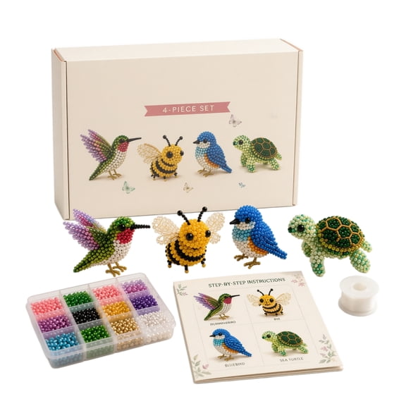 Deepigc 4 in 1 3D Beaded Animal DIY Craft Kit, Make Hummingbird Bee Bluebird Sea Turtle Bead Charms, Beginner Handmade Beading Supplies Set, Home Decor & Holiday Gift for Adult & Teen Crafters