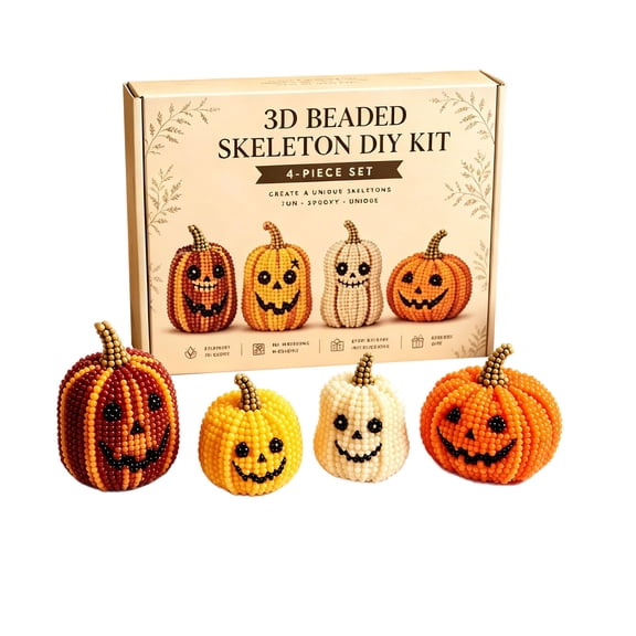 Deepigc 4 Pack Halloween Jack O Lantern Beaded DIY Full Kit, 4 Colors Spooky Pumpkin Pearl Bead Craft Set, Tabletop Figurine Making Gift for Halloween Decor & Holiday Hobby Lovers