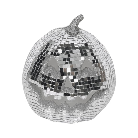 Deepigc Disco Mirror Jack O Lantern Pumpkin Decor, Glitter Tile Reflective Halloween Pumpkin Ornament, Silver Spooky Tabletop Centerpiece for Fall Halloween Party Home Decor