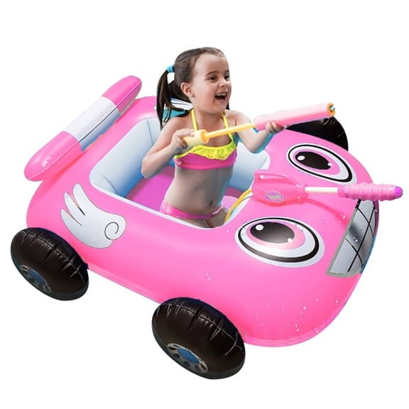 Deepigc Kids Inflatable Car Pool Float with Built-In Water Gun, 33" Toddler Swim Seat Ring, Cute Cartoon Vehicle Swimming Floatie for Pool Beach Summer Water Toy for Boys Girls Age 3-8, Pink