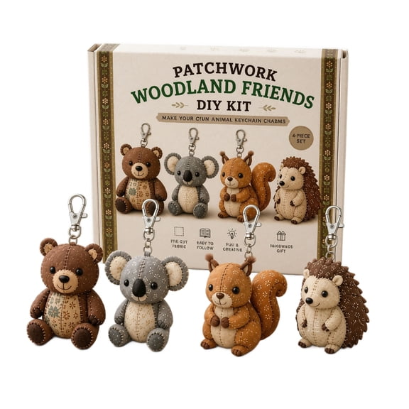 Deepigc Patchwork Animal Keychain DIY Craft Kit, Pre-Cut Fabric Sewing Set, Make Your Own Stuffed Animal Charms, Beginner Hand Sewing Kit for Adults Kids, Handmade Pendant Gift for Craft Lovers, 4pcs