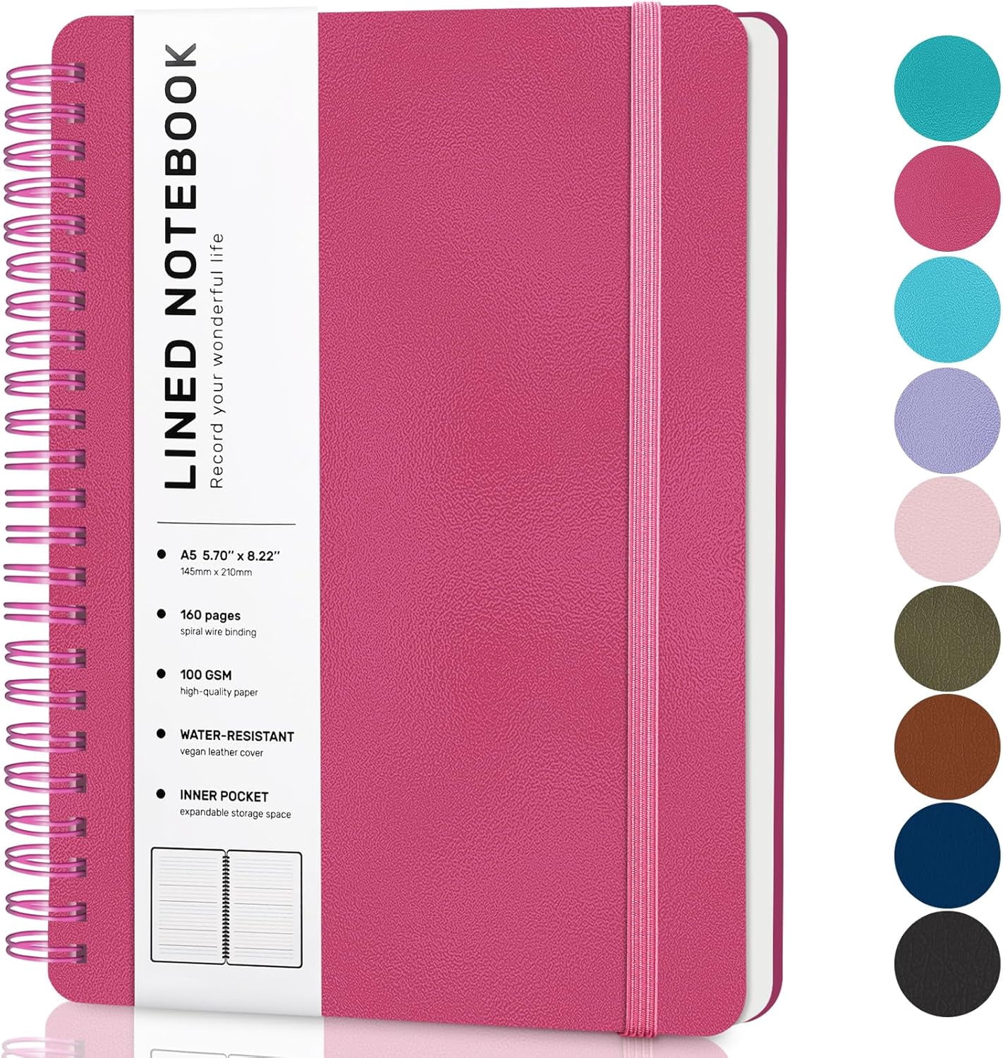 Deeppink Lined Spiral Journal Notebook, 160 Pages, 85.7in A5, for Work, School, Women, Men - College Ruled, Hardcover Leather Journal
