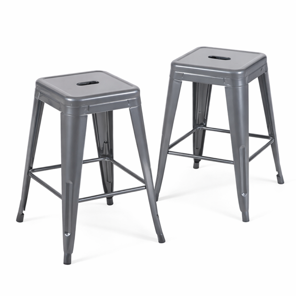 Deepspace Grey Metal Counter Height Stools Set of 2, 24" One-Piece Steel Counter Stools, Sleek Tech-Industrial Stools for Breakfast Bar, Sturdy Backless Kitchen Chairs for Small Spaces