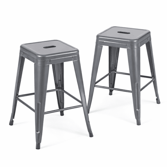 Deepspace Grey Metal Counter Height Stools Set of 2, 24" One-Piece Steel Counter Stools, Sleek Tech-Industrial Stools for Breakfast Bar, Sturdy Backless Kitchen Chairs for Small Spaces