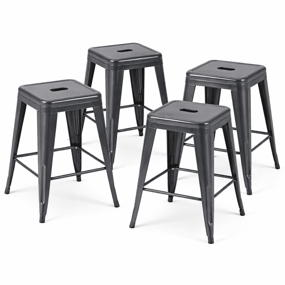 Deepspace Grey Metal Counter Height Stools Set of 4, 24 Inch One-Piece Cold-Rolled Steel Stools, Modern Industrial Kitchen Island Chairs, Stackable Backless Barstools with More Legroom