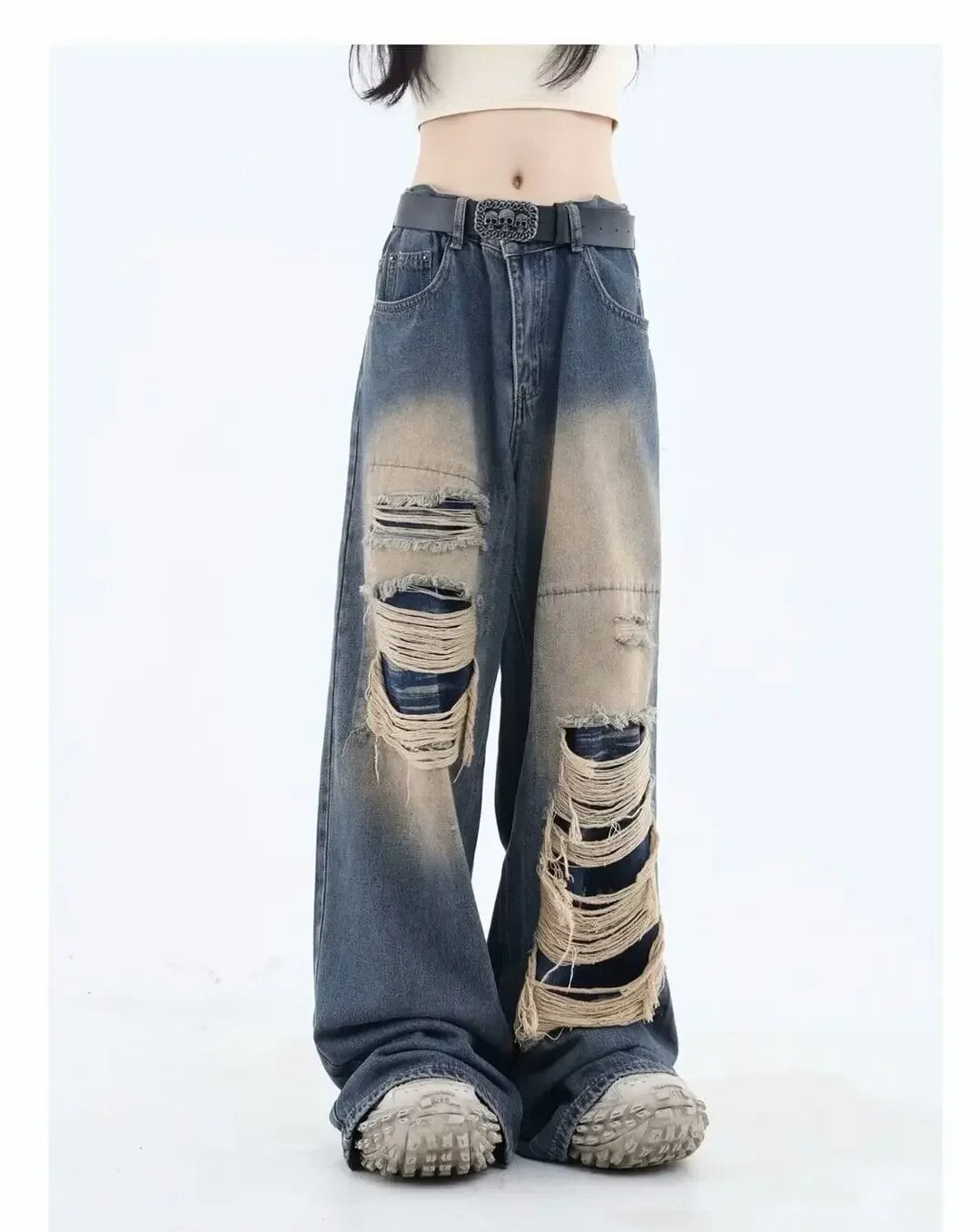 Deeptown Black Y2k Ripped Jeans Women Harajuku Gothic Grunge
