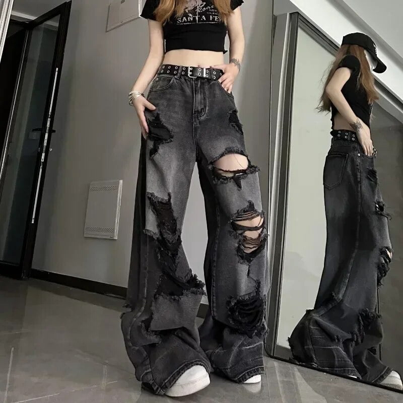 Deeptown Black Y2k Ripped Jeans Women Harajuku Gothic Grunge