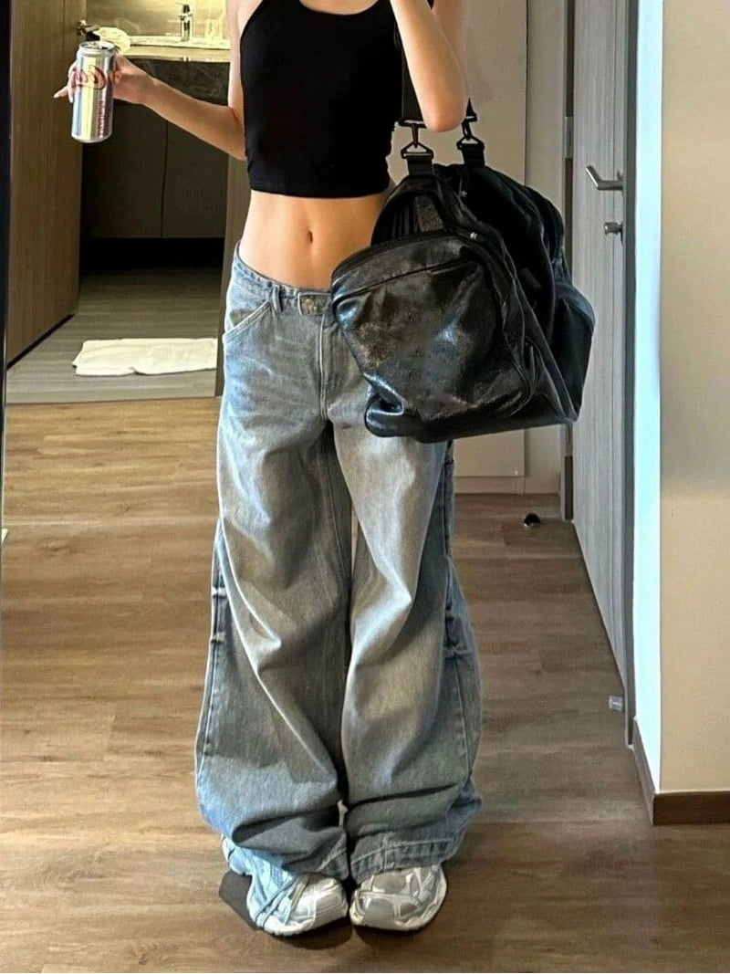Deeptown Vintage Oversized Jeans Women Autumn Low Rise Y2k Gyaru