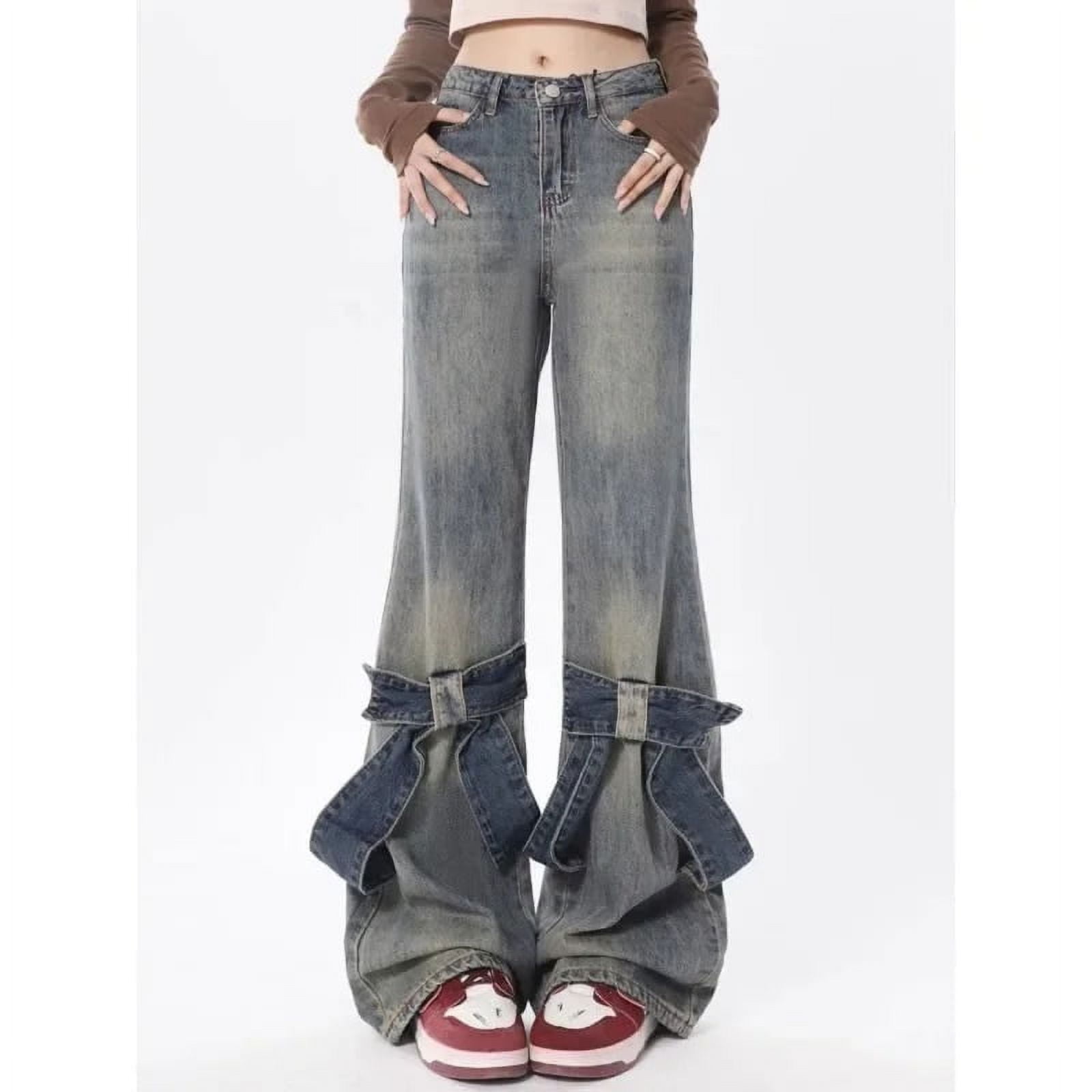 Deeptown Y2k Vintage Flare Jeans Women Bow Patchwork Korean 