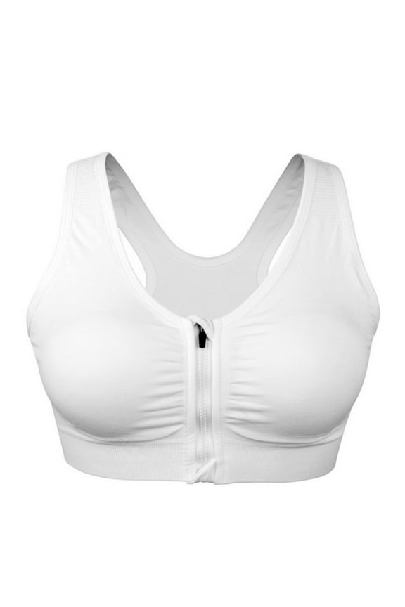 Women's Zip Front Sports Bra Wireless Post-Surgery Bra Active Yoga Sports Bras(White,XL)