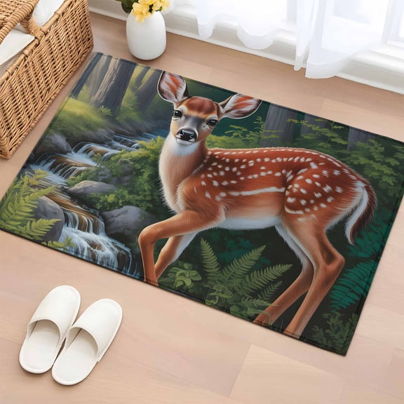 Deer 2'x3' Rug for Entryway Front Door Kitchen Sink Area, Forest Leaves River Vintage Nature Animal Farmhouse Low Pile Non Slip Rectangle Area Rug, Machine Washable Indoor Outdoor Mat