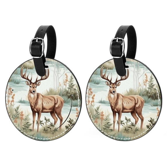 Deer 2pcs PU Leather Round Bag Tags with Privacy Cover and Name ID Tag - Suitcase Tags for Travel Luggage, Handbags, Backpacks, School Bags