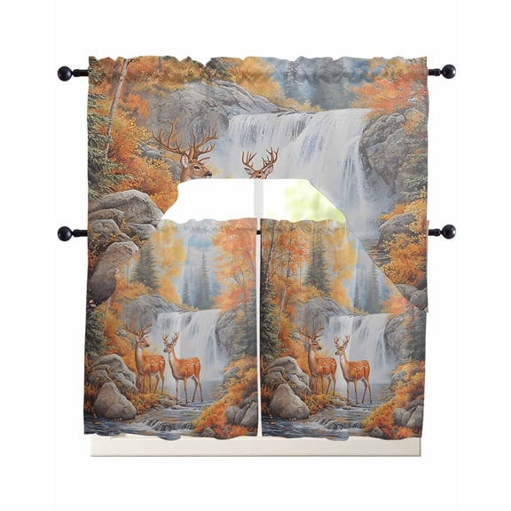 Deer 3 Piece Swag Kitchen Curtains Set Forest Wildlife Valance and Tier Curtains 24 In Long, 56" x 36" Window Topper for Cafe Bathroom Bedroom