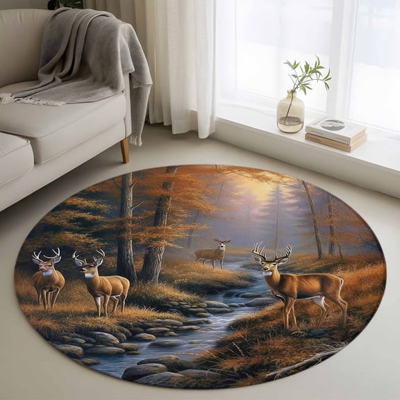 Deer in 3FT Round Area Rugs for Living Room Sunset Forest Ultra-Thin Non-Slip Round Rugs Machine Washable Low Pile Circle Carpet for Bedroom Kitchen Nursery