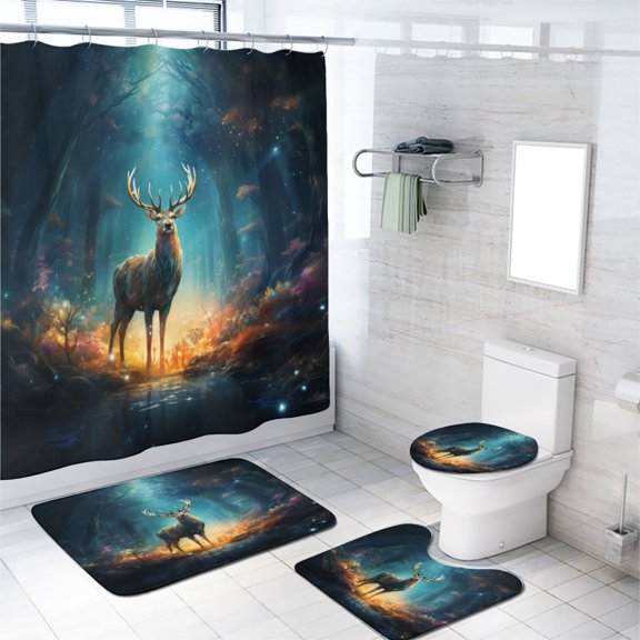 Deer 4 Piece Shower Curtain Sets Animal Forest Wildlife Hunting Nature Jungle with Toilet Lid Cover and Bath Mat, Waterproof Shower Curtain with 12 Hooks, 72x72 Inch