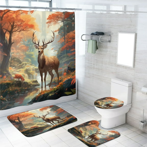 Deer 4 Piece Shower Curtain Sets Retro Fall Forest Elk Wildlife Animal Autumn Waterfall Nature Waterproof Fabric Cloth Bath Curtain, Non-Slip Bathroom Rugs Bath Mats, 72x72 Inch