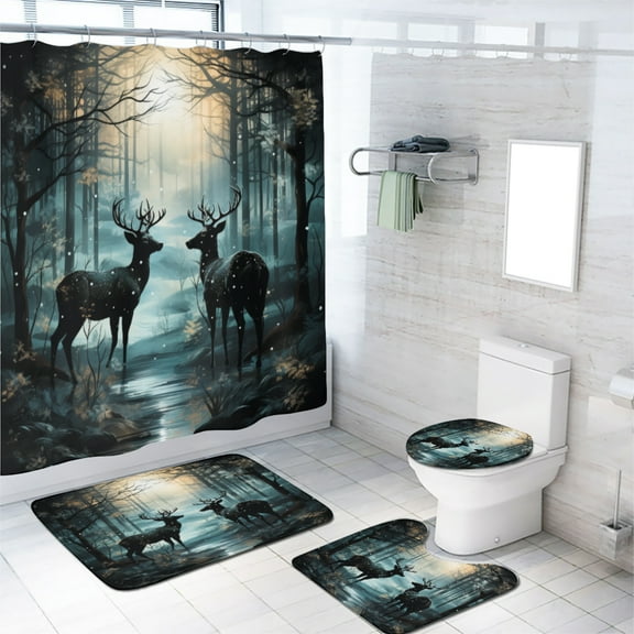 Deer 4 Piece Shower Curtain Sets Wild Animal Foggy Forest Cabin Hunting Safari with 12 Hooks, Bath Mat Set Bathroom Decor by Durable Waterproof Fabric, 72x72 Inch