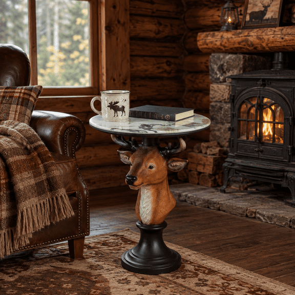 XY Home Garden Deer Bust Accent Table - Resin Animal Statue End Table with Faux Marble Top - Brown - Living Room & Cabin Decor
