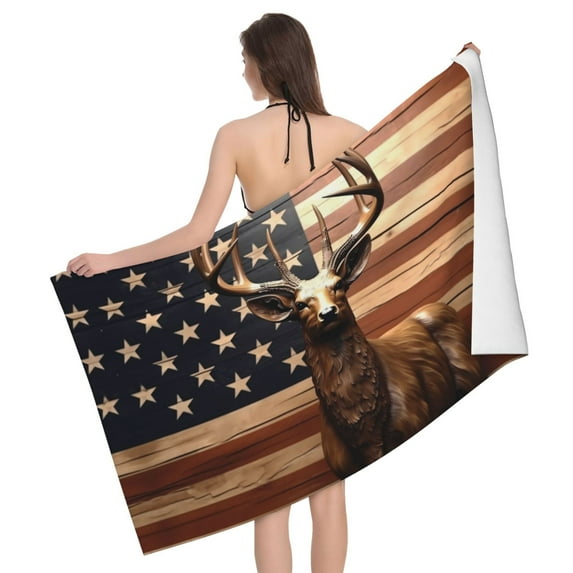 Deer American Flag Vintage Bath Towel, Highly Absorbent towels for bathroom Quick Drying Microfiber Bath Towels for Body, Soft Shower Towels for Sport, Yoga, SPA, Gym 27x55in