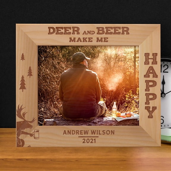 Deer And Beer Make Me Happy Personalized Wooden Frame-10" x 8" Brown Horizontal