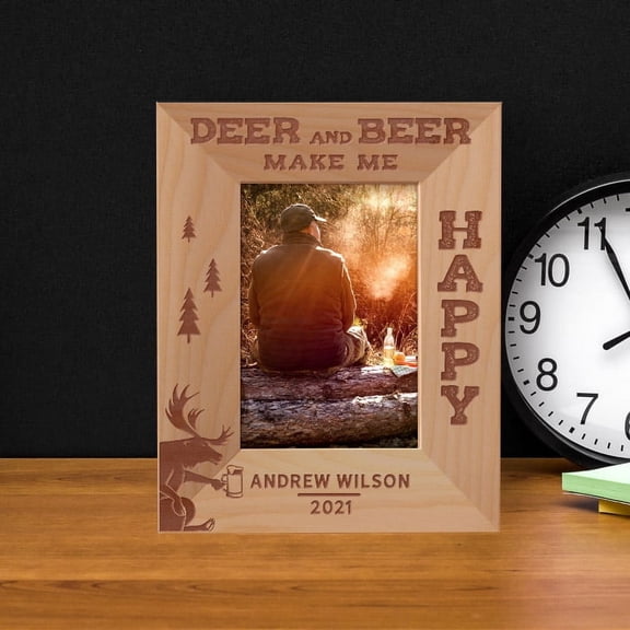 Deer And Beer Make Me Happy Personalized Wooden Frame 3 1/2" x 5" Brown (Vertical)