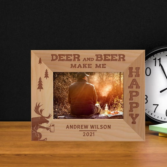 Deer And Beer Make Me Happy Personalized Wooden Frame-5" x 3 1/2" Brown Horizontal
