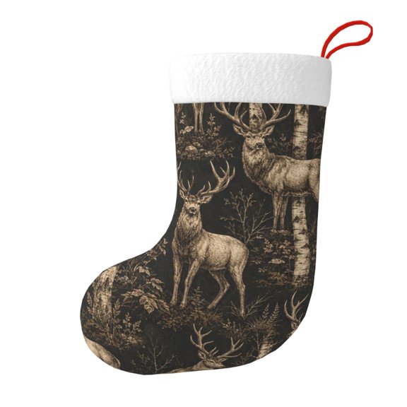 Deer And Birch Forest Christmas Stocking, Holiday Tree Stocking with Hanging Loop for Mantel and Fireplace