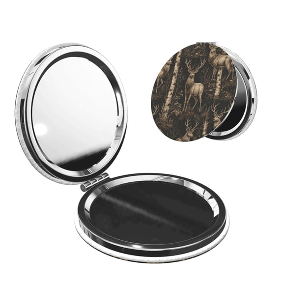 Deer And Birch Forest Portable Double-Sided Face Mirror Round Shape, Magnifying Compact Pocket Mirror with PU Leather Cover